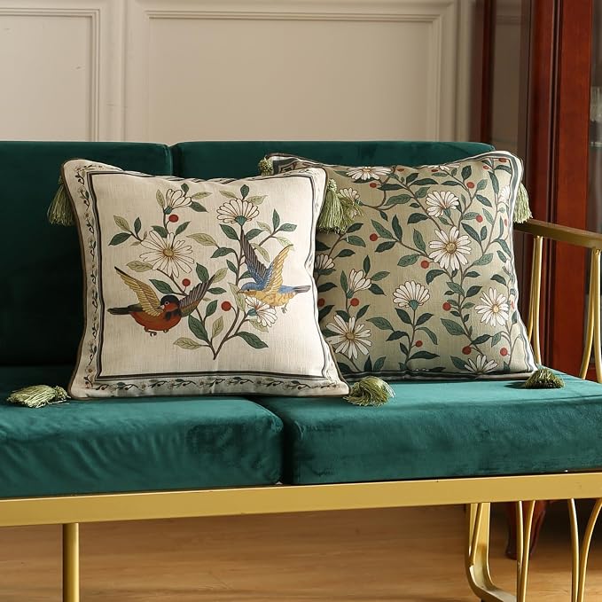ISAENNE Designer Linen Square Throw Pillow Cover,Set of 2,18"x18"-Brune B | Vintage French Elegant Pillow Cover,Concealed Zipper Design,Floral Pattern,Sofa,Bedroom,Living Room,Lounge Chairs