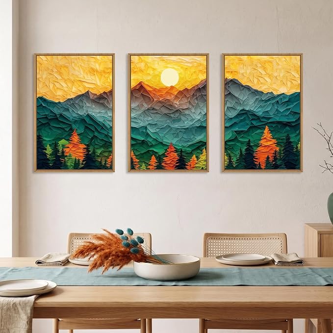 Abstract Mountain Framed Canvas Wall Art Set, Forest Pine Tree Golden Sunset Wall Decor, Mixed Patchwork Landscape Art Print for Living Room, Bedroom, Dining Room, Office - 24"x36"x3
