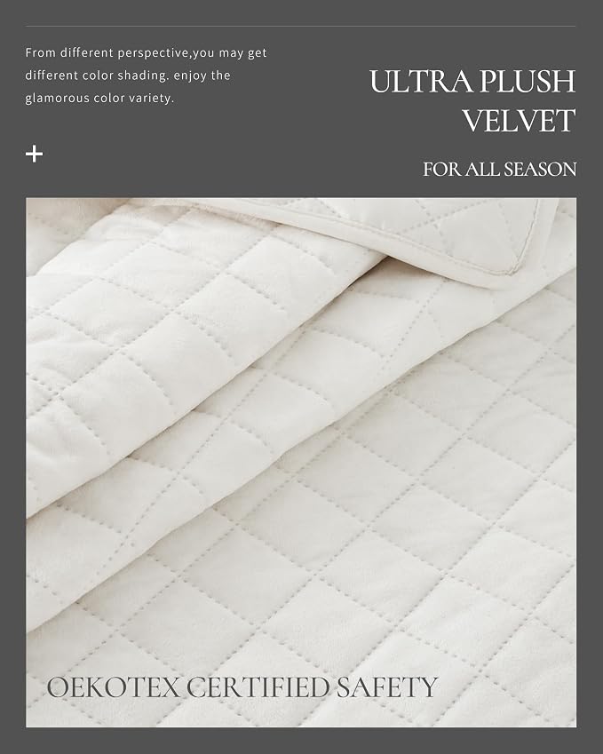 Luxury Velvet King Quilt Set, Ultra Soft Lightweight Cream White Velvet Comforter Set, Oversized Bedspread Coverlet with 2 Shams Diamond Pattern, for All Season