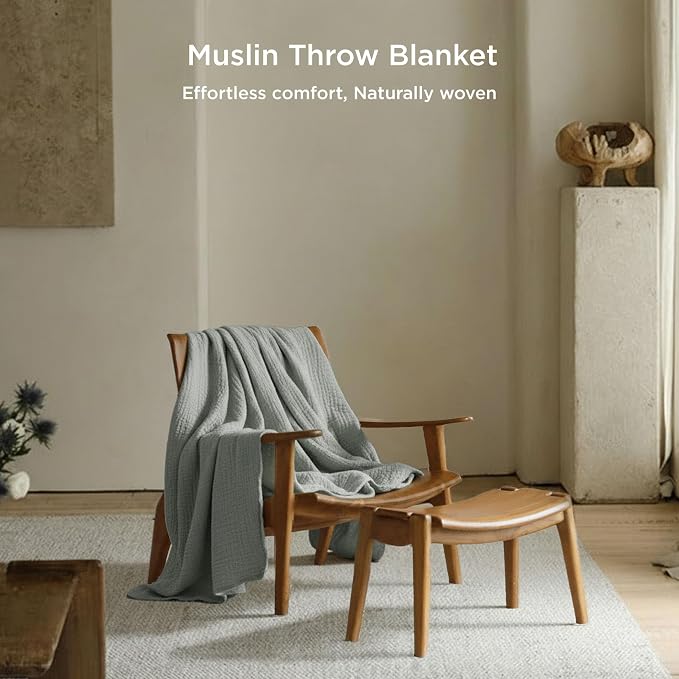 Threadmill Muslin Throw Blanket | 4 Layer 100% Cotton Gauze | Lightweight, Breathable, and Soft All Season Blanket | 50 x 65 Cozy Throw for Sofa, Couch & Bed | Scottish Grey