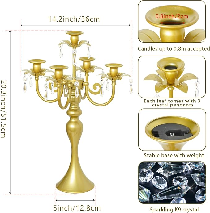 20.3'' Tall 5 Arm Silver Candelabra Centerpiece for Table, Metal Candelabra Candle Holder, Retro Candelabra Table Centerpieces for Party, Events, Home, Wedding Decor (1, Pure Gold, 5 arm)