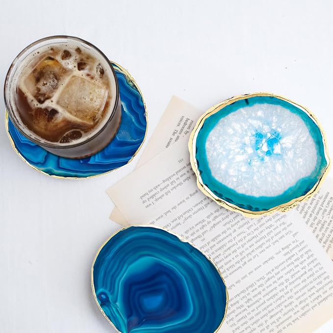 Luxiv Agate Coasters Set of 4 Crystal Drink Coasters with Gift Box (Blue) | Set Of 4 Natural Purple Agate Coasters, 3-4 Inch Crystal Stone With Gold Edge, Gift Box Included For Home Drink And Decor