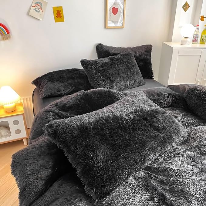 chovy Faux Fur Plush Black Comforter Sets King - Ultra Soft Shaggy Flannel Velvet Fluffy Fuzzy 3PC Bedding Set （Comforter x 1 Pillowcases x 2）