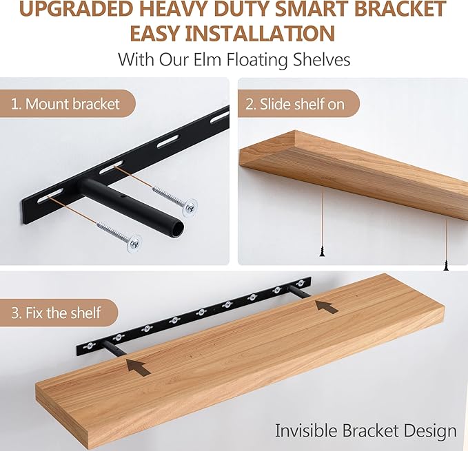Floating Shelves, Deep USA-Sourced Rustic Elm Wood Wall Shelves for Storage, 8 Inch Deep Wall Mounted Display Shelving with Invisible Heavy-Duty Metal Bracket (Natural, 36" W x 8" D, Set of 2)