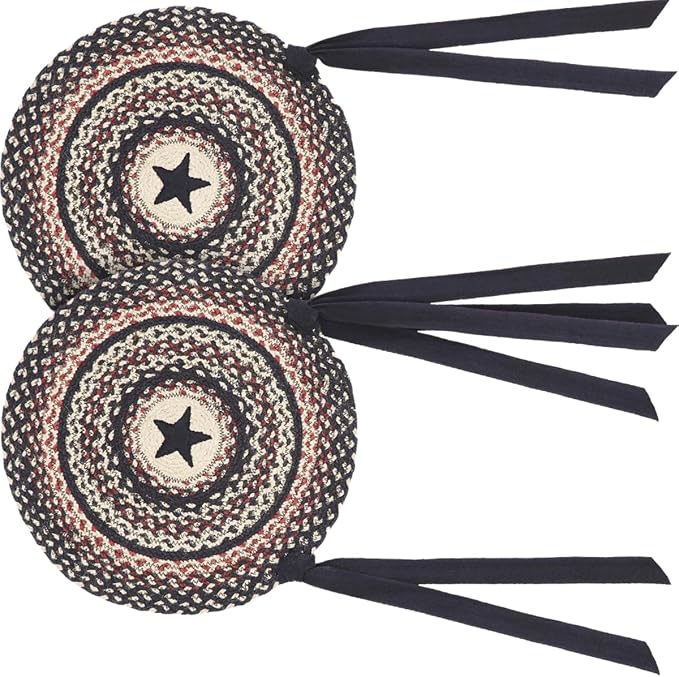 VHC Brands Colonial Star Round Seat Cushion Chair Pad, Tan Black Red, Jute Blend with Ties, Set of 2, 15x15 Inches