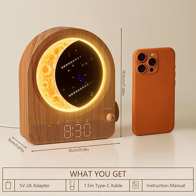 blonbar Sunrise Alarm Clocks with Dimmable Moon Lamp, 2 Alarm Clocks with 12Levels Volume for Heavy Sleepers, 10 Natural Sounds with 30/60/90mins Timer for Bedrooms, Gifts for Women (brown woodgrain).