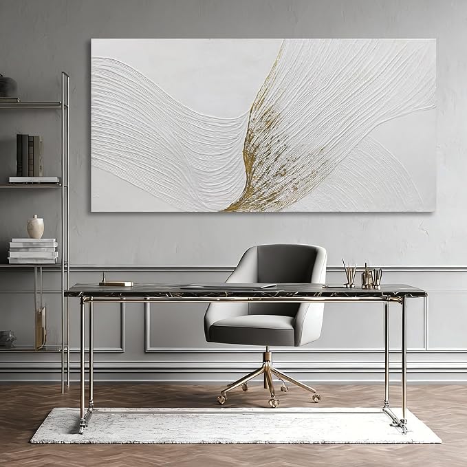 Hue7Art Contemporary White and Gold Abstract Canvas Wall Art Textured Line Design Minimalist Hand Painting Artwork for Living Room Bedroom Office Neutral Decor 29x58 Inch