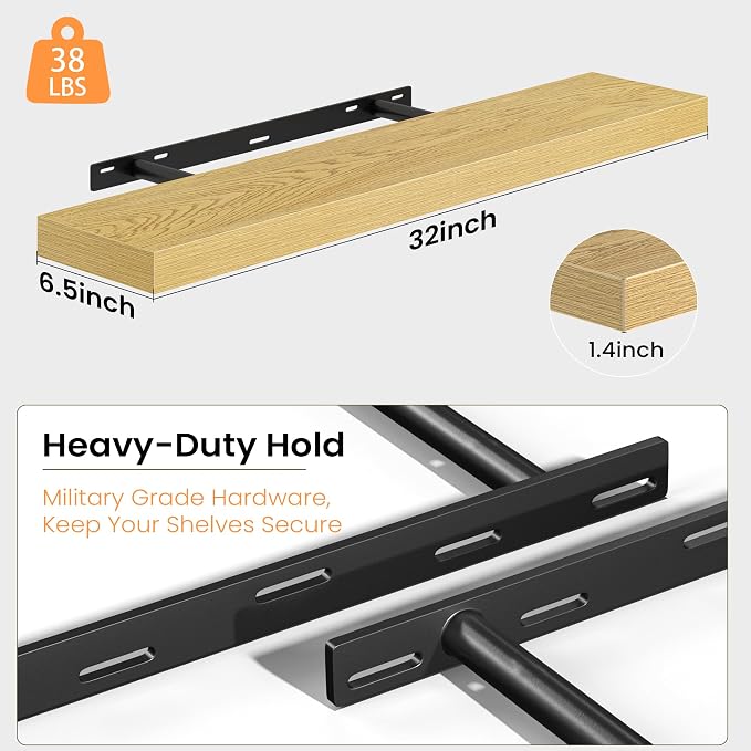 Fun Memories Floating Shelves for Wall, 32 Inch Set of 2 Rustic Wood Wall Shelves with Invisible Brackets, Heavy Duty Storage Display for Living Room Bedroom Kitchen, Oak