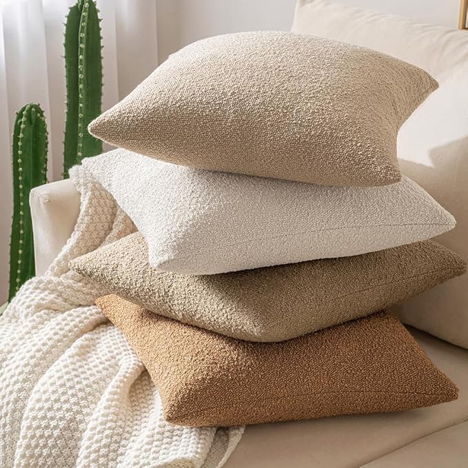 MIULEE 18x18 Inch Decorative Pillow Covers for Couch Bed Set of 2 Textured Boucle Neutral Throw Pillow Covers Taupe Khaki Camel Accent Solid Pillowcases Sofa Living Room Home Decor
