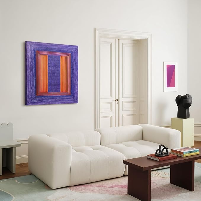 Modern Minimalist Abstract Geometric Textured Wall Art for Living Room | Original Hand-Painted Purple & Orange Block Lines Oil Painting Artwork for Bedroom Office Hallways, Square Wall Decor 24x24"