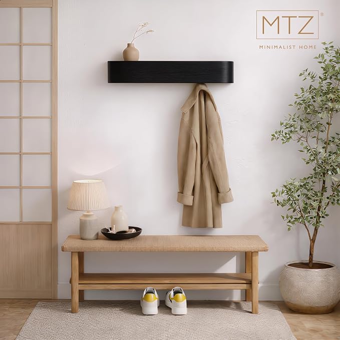MTZ Solid Wooden Wall Mounted Coat Rack with Shelf & 5 Hidden Hooks – Modern Entryway Coat Hanger, Wood Coat Rack for Jackets, Bags & Keys, Minimalist Wall Hook Rack (Black)