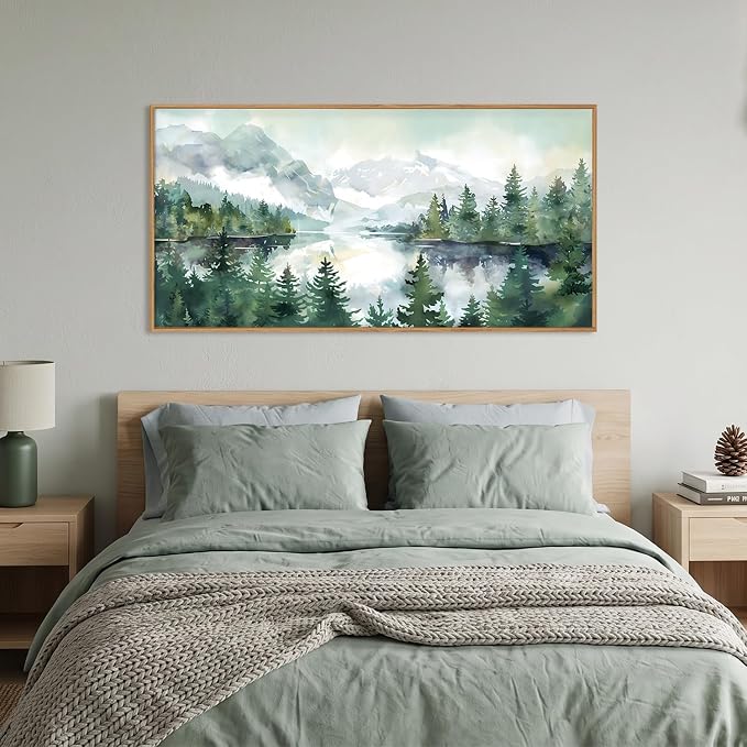 Watercolor Mountain Framed Canvas Wall Art Set,Green Forest Lake Wall Decor,Nature Boho Pine Tree Wall Painting,Foggy Wilderness Landscape Artwork for Living Room,Bedroom,Office-40 X20 X1