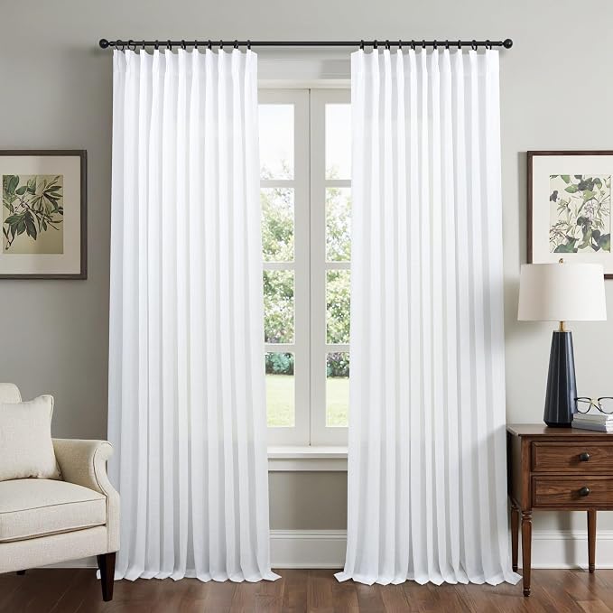 Extra Wide Pinch Pleated Linen White Curtains 90 Inches Long 70 Inch Width for Living Room Bedroom Modern Farmhouse Country Light Filtering Semi Sheer Pleat Window Curtain Drape Hooks Rings 2 Panels