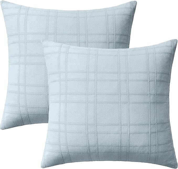 MIULEE Decorative Linen Check Euro Shams Throw Pillow Covers Neutral Farmhouse Vintage Pillow Covers 24x24 Set of 2 Boho Modern Home Decor for Sofa Couch Bedroom Cushion Coastal Blue