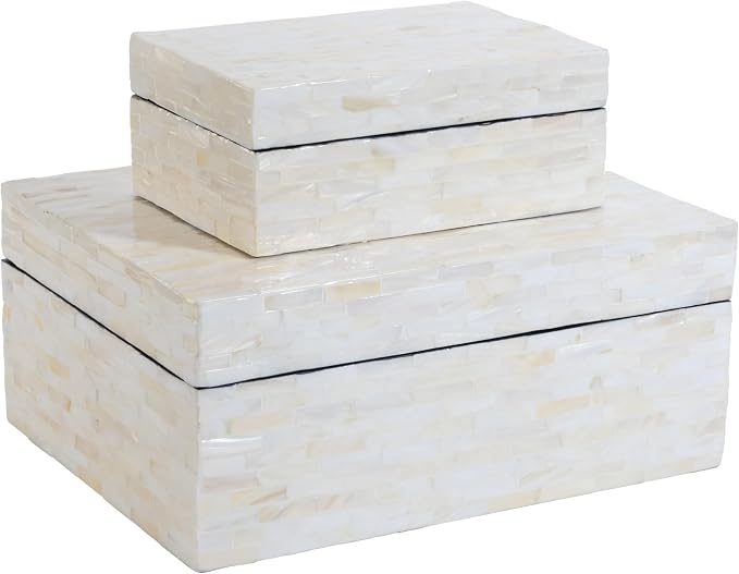 PEMAR Set of 2 Handmade Mother of Pearl Decorative Boxes with Hinged Lids, Ivory Shell Mosaic Keepsake Boxes, White Decorative Boxes for Coffee Table, Shelves, Bedroom & Home Décor & Gifts