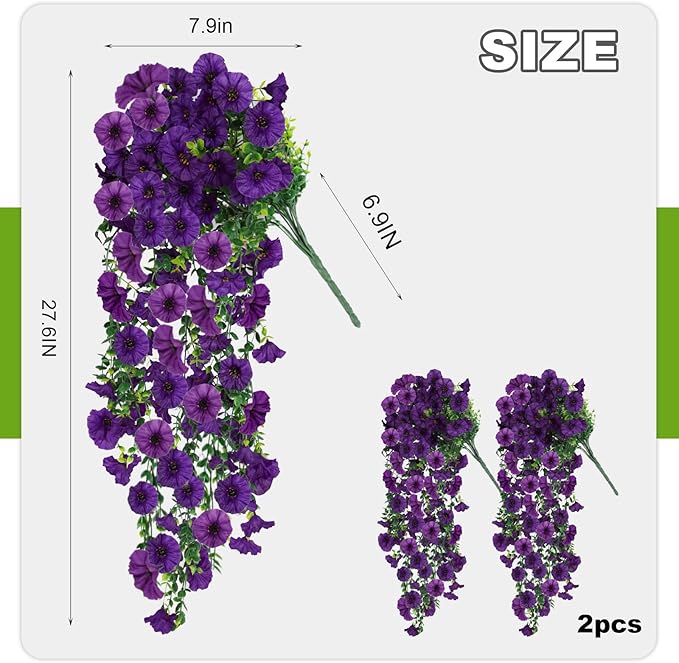 ADXORA Fake Artificial Hanging Morning Glory Flowers for Outdoor Planters Porch Pation Decoration,2 PCS UV Resistant Silk Faux Flowers with Realistic Eucalyptus Plants for Home Office Garden Decor