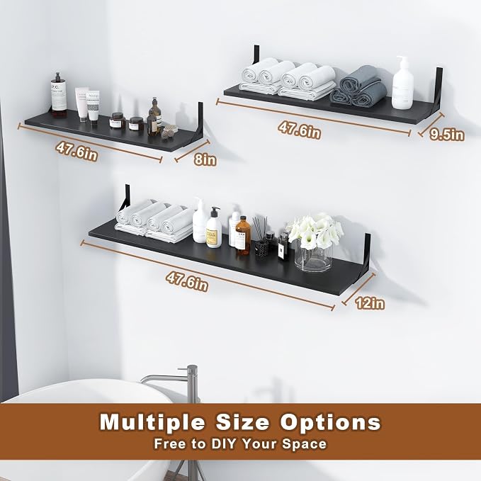Long Wall Shelves, 48" W x 12" D Large Floating Shelves Set of 2, Wide Display Wood Shelf Wall Mounted with Heavy-Duty Metal Brackets for Bedroom Books, Living Room, Kitchen, Black