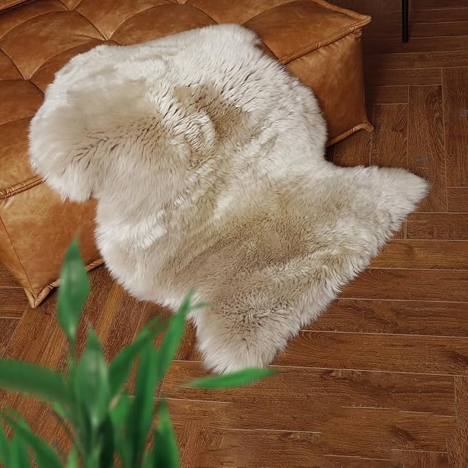 IRIWOOL Premium Genuine Fur Sheepskin Rug Real Australia Sheepskin Natural Luxury Fluffy Lambskin Fur Area Rug Seat Covers for Kids Bedroom Sofa Chair Cover (Creamy Gray, Single Pelt/2ft x 3ft)