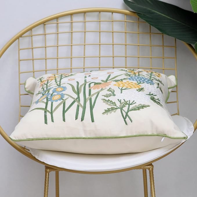 Set of 2 Embroidered Decorative Throw Pillow Covers Couch Square Pillowcases Cushion for Bedroom Sofa Farmhouse Decor 18x18 Inch (Yellow Daisy)