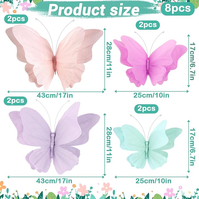 3D Hanging Butterfly Decorations, 8 Pcs Butterfly Birthday Party Decorations, Crepe Paper Butterfly Hanging Decorations for Girls, Women, Flower Garden Party Decorations