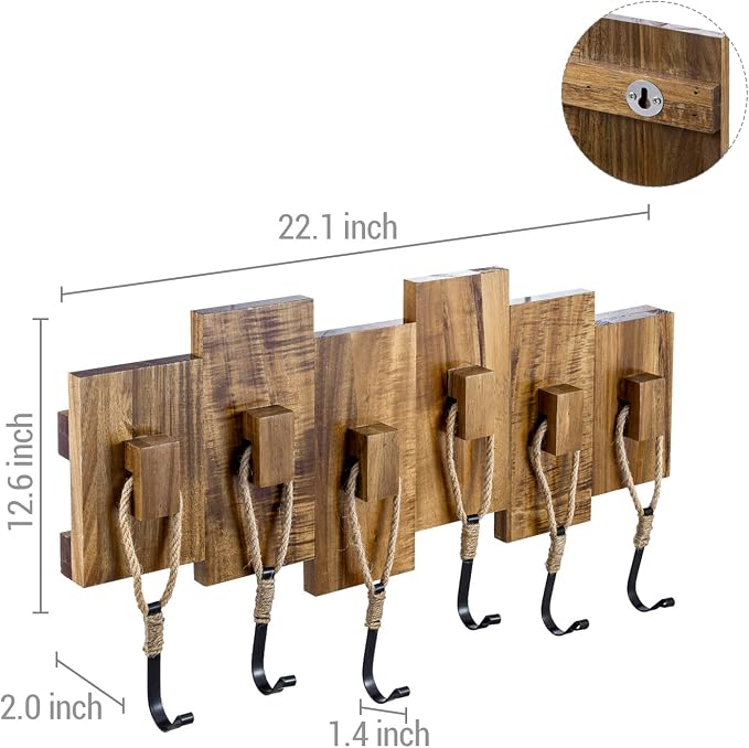 MyGift Wall Mounted Coat Rack, Premium Nautical-Style Wall-Mounted Acacia Wood Entryway Storage Rack with 6 Rope and Matte Black Metal Hooks
