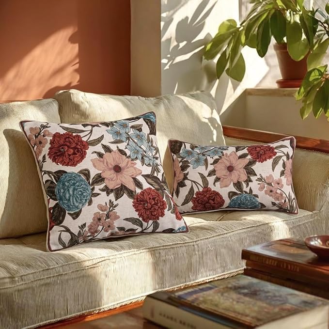 bilin gaier French Linen Throw Pillow Covers,20"x12" Set of 2-Burgundyred | Designer Vintage Elegant Rectangle Pillow Cover,Concealed Zipper,Floral Pattern,Sofas,Bedroom,Living Room,Lounge Chairs
