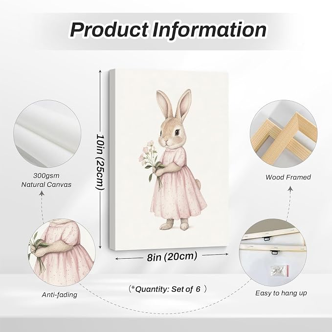 Pink Nursery Wall Art Decor Baby Girl Room Pictures Vintage Nursery Canvas Wall Decor Bunny Prints Floral Swan Poster Cute Rabbit Painting Artwork for Toddler Girls Bedroom 8x10x6 Inch Wrapped Canvas