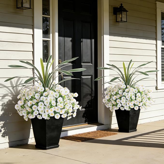 INXUGAO Artificial Flowers for Spring Outdoors Fake Plants Outside, 12 Bundles Silk Morning Glory with Eucalyptus UV Resistant Realistic Faux Flowers for Porch Planter Garden Patio Decor (White)