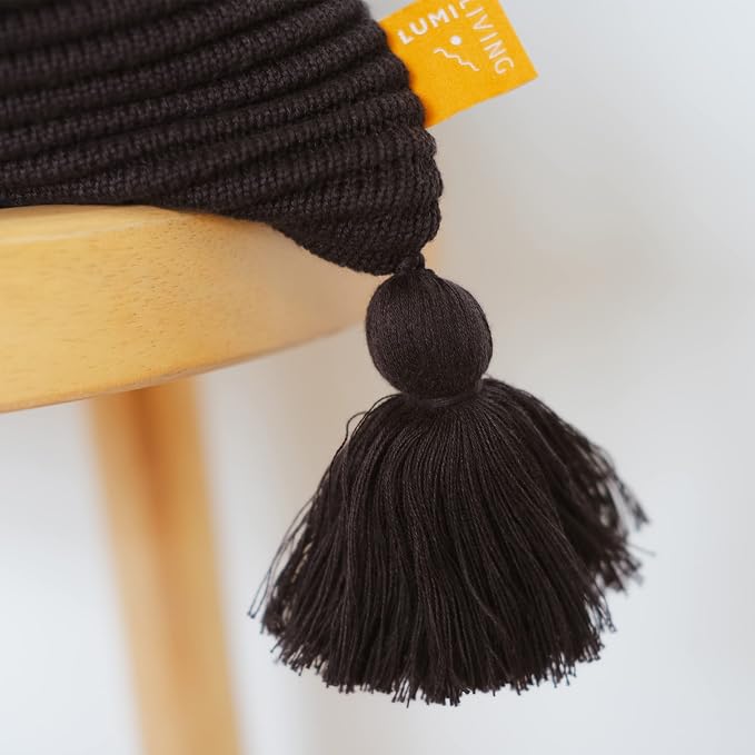 100% Soft Cotton Raised Stripes Textured Rib Knit Throw Pillow Cover with Tassels (Black, 20" x 20")