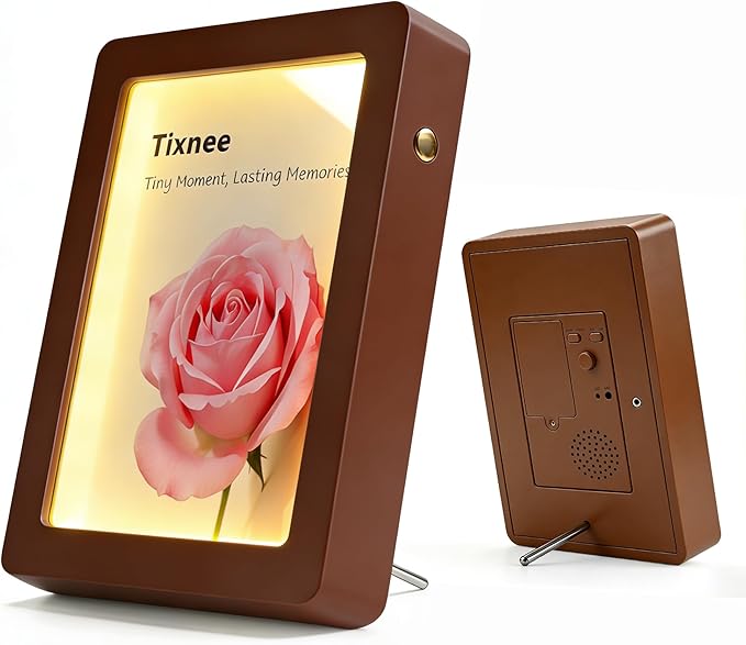 Wooden Photo Frame with Voice Recording and Soft LED Light – Personalized 180S Recordable Picture Frame Fits 3.5x5, 4x6 & 5x7 Photos, Tabletop Display, Meaningful Keepsake Gift (Brown)