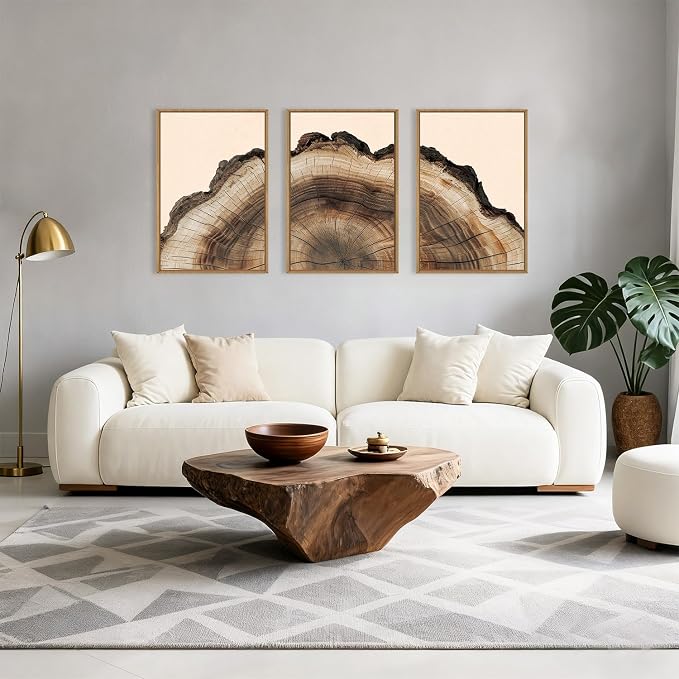 KAIRNE Vintage Tree Rings Framed Canvas Wall Art Set, Retro Wood Stump Wall Decor, Neutral Tree Spiral Art Prints, Modern Annual Ring Artwork for Living Room, Bedroom, Farmhouse, Office-24 x36 x3