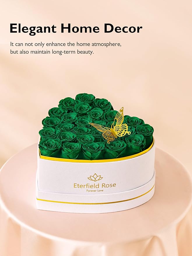 Eterfield 27 Forever Flowers in Heart Shape Box, Preserved Roses That Last a Year Preserved Flowers Birthday Gifts for Her Mom Women Wife Anniversary Valentines Day Mothers Day Christmas, Green