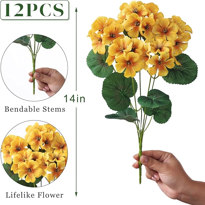 GLIDLION 12 Bundles Artificial Geranium Flowers for Spring Summer Decor, UV-Resistant Fake Plants Realistic Faux Silk Bouquets for Front Door Farmhouse Garden Porch Home Outdoor Decor (Yellow)