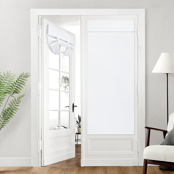 HOMEIDEAS 100% Linen Blackout French Door Curtains, Privacy Door Window Curtains, 26 X 68 Inch Room Darkening Blinds, Thermal Insulated Shades for Bedroom, 1 Panel, Pure White