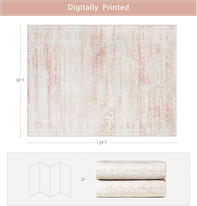 Srugn Washable Rugs 9x12 Area Rugs for Living Room,Rugs for Bedroom,Large Carpets,Ultra Soft Faux Wool Retro Dining Room Rug,Non Slip&Non-Shedding Low Pile Vintage Print Rug for Home Office-Pink White