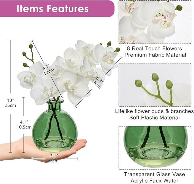 Oairse White Orchids Artificial Flowers Faux Orchid Arrangement with Light Green Glass Vase Set of 2 Real Touch Phalaenopsis Orchid Flowers Orchid Centerpiece for Dining Room Table