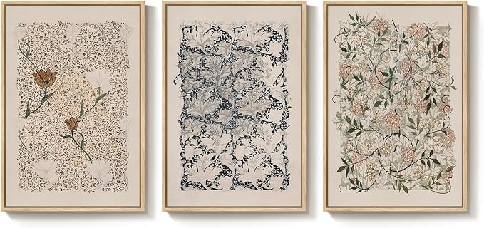 Framed William Morris Canvas Wall Art for Living Room, Set of 3 Large Neutral Floral Botanical Prints, Vintage Rustic Boho Pictures for Bedroom Hallway Office, 16x24 Inch