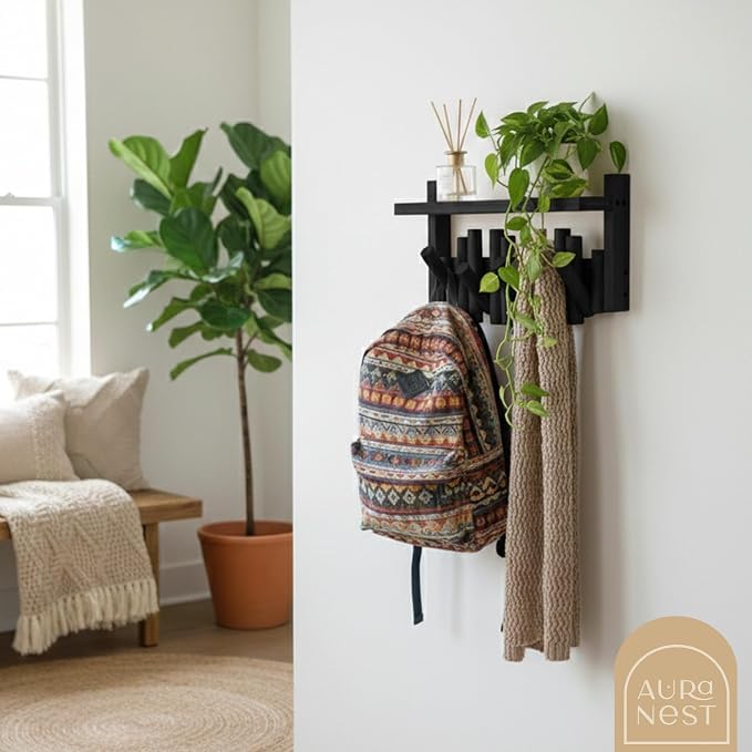 Bamboo Wall Mounted Coat Rack with Shelf Flip Down Wooden Hooks for Entryway Hallway Bedroom | Matte Black Piano Hanger, 5 Hooks, Space Saving Organizer