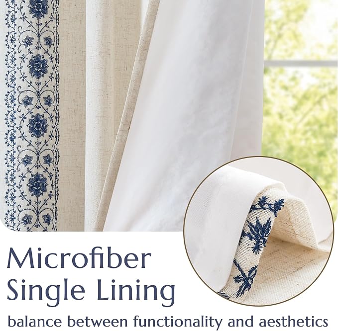 jinchan Weslie Boho Lined Linen Curtains for Bedroom Blue Vintage Floral Farmhouse Curtains 90 Inches Long Linen Drapes for Living Room Embroidered Drapes Rod Pocket Blue on Beige 2 Panels
