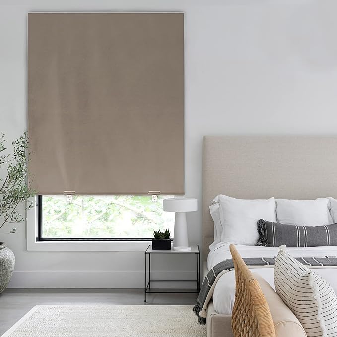 LazBlinds 100% Blackout Roller Shades, No Tools No Drill Cordless Blinds for Windows, Thermal Insulated UV Protection Privacy Window Shades for Bedroom (48''W x 72''H, Taupe)