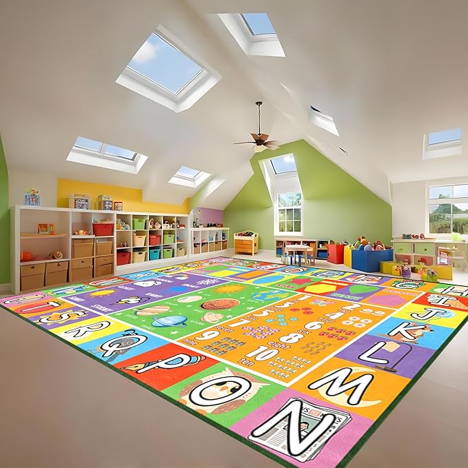 Kid Rug 9x12 Feet, Alphabet Rug for Classroom Educational ABC Rugs for Kids Playroom Preschool Nursery Bedroom Living Room Toddler Room Decor Mat