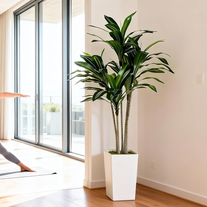 Artificial Dracaena Tree 5FT with White Tall Planter - Faux Tree Tall Fake Floor Plant in Pot-Artificial Plants Indoor for Home Office Living Room Décor (Dracaena 5ft)