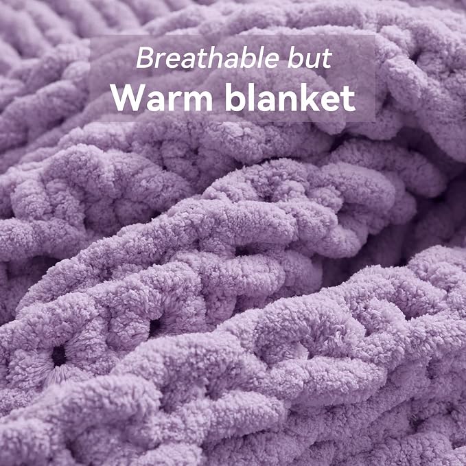 Negwoo Chunky Knit Throw Blanket, 80''*90'' Knitted Throw Chenille Yarn for Bed Couch, Handmade Light Purple Crochet Big Thick Blanket, Machine Washable Cute Comfy Blanket for Home Decor