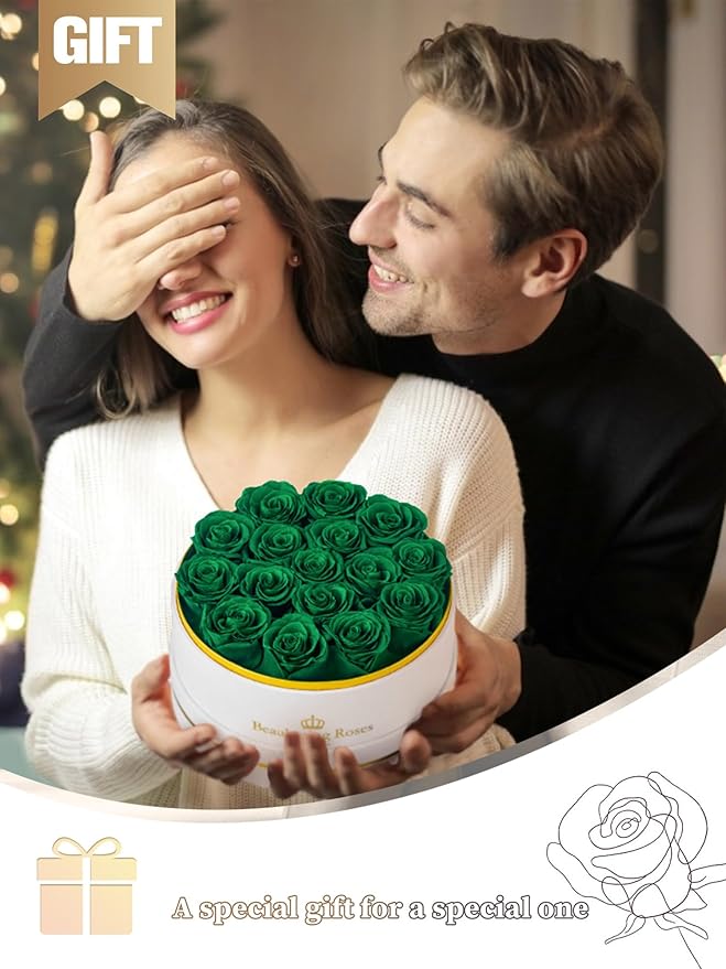 16 Preserved Roses Forever Flowers Real Roses in a Box Mother's Day Birthday Flowers for Her Mom Women Wife Valentine's Day, Green Roses