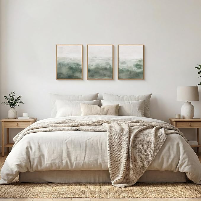 Abstract Sage Green Framed Canvas Wall Art,Neutral White and Grey Wall Decor,Modern Pastel Wall Painting,Illustrations Artwork for Living Room,Bedroom,Dining Room,Office -12"x16"x3