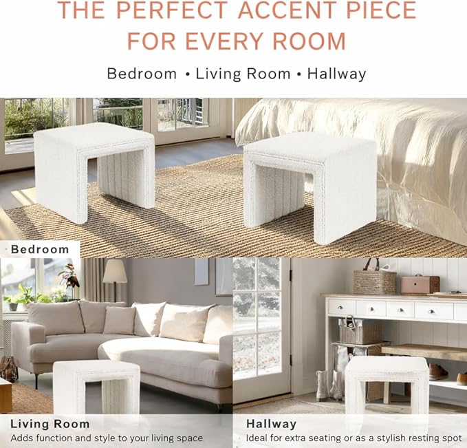 HomePop Modern Channel Tufted Ottoman|Homepop Home Décor|Ottoman for Living Room & Bedroom - Cream Boucle