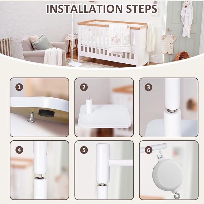 White Floor-Standing Crib Mobile Arm with Music Box - 65" Wooden Mobile Stand for Crib - 100% Beech Wood, 12 Lullabies, Volume Control - Rotating Crib Mobile Motor - Baby Mobile Hanger & Nursery Decor