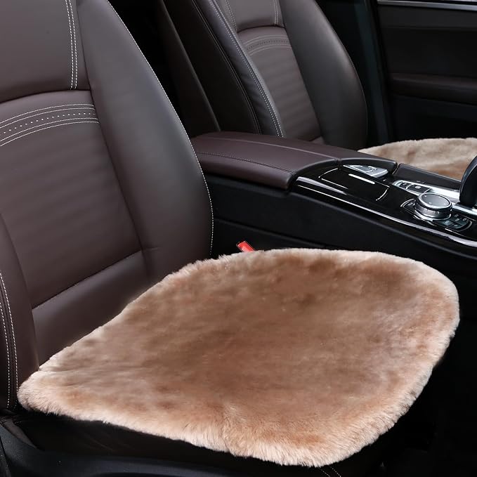 OGLAND 2 Pack Fluffy Genuine Sheepskin Car Seat Covers for Auto Interior Accessories with Soft Fuzzy Wool Eco-Friendly Natural Fur Non-Slip (Camel)