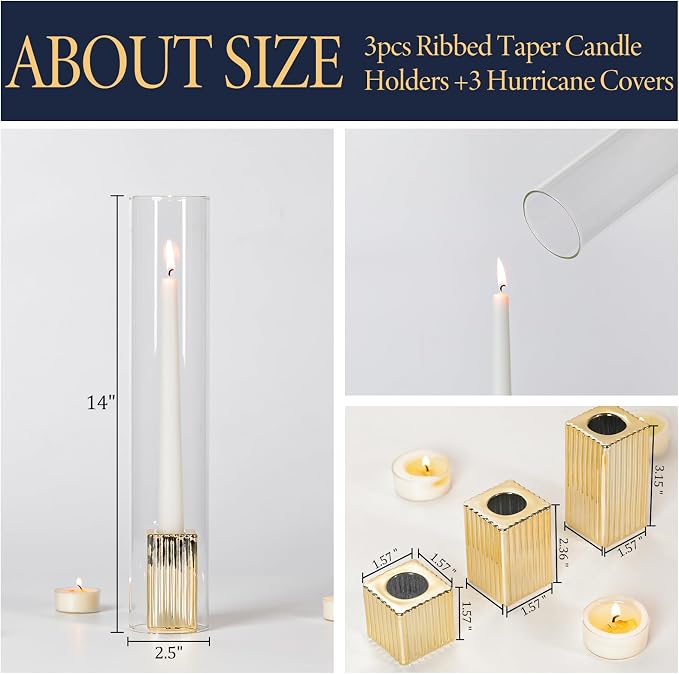 LETINE 14" Tall Hurricane Candle Holders with Gold Ribbed Taper Candle Holders Set of 3– Bulk Windproof Taper Candle Hurricane Glass for Outdoor&Indoors Wedding Centerpiece, Event & Home Decor