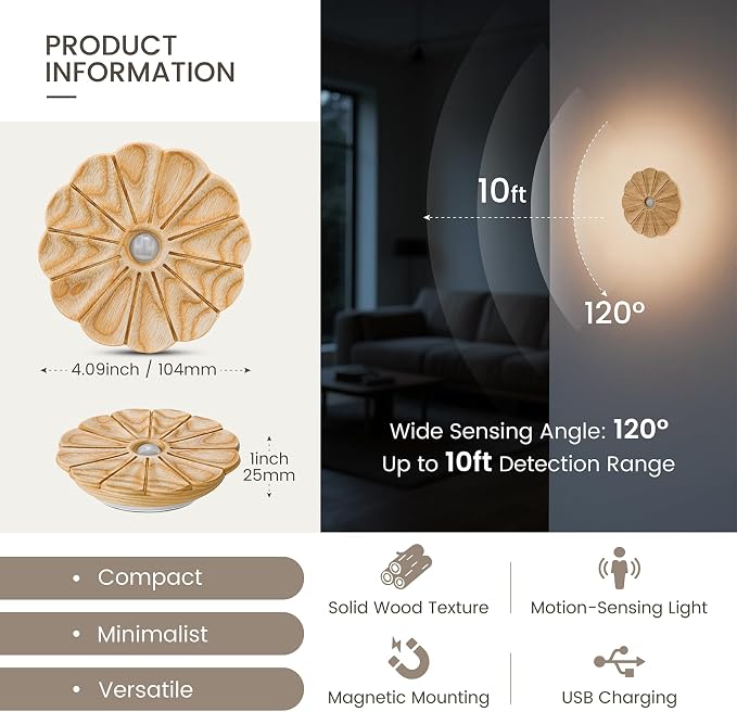 Motion Sensor Night Light Wooden Carved Flower Mini USB Rechargeable Stick-On Step Lights Magnetic Wall Lights for Hallway Bedroom Living Room Stair (2 Pack Ash Wood)